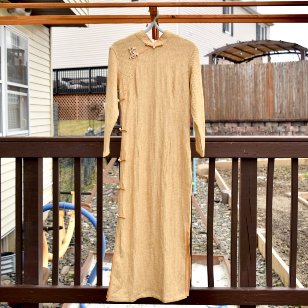 Yellow Flora Button Knitted Stretchy Qipao Midi Dress - Chinese Cheongsam